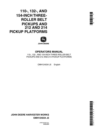 John Deere 110- 132- and 154-Inch Three-Roller Belt Pickups and 212 and 214 Pickup Platforms Operator’s Manual Instant Download (Publication No.OMH124034)