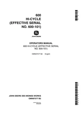 John Deere 600 Hi-Cycle (Effective Serial No.600-101) Operator’s Manual Instant Download (Publication No.OMN97577)