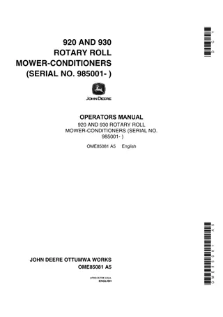 John Deere 920 and 930 Rotary Roll Mower-Conditioners Operator’s Manual Instant Download (Pin.985001-) (Publication No.OME85081)