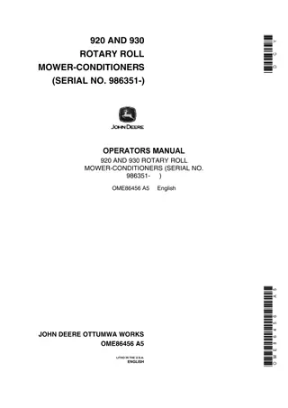 John Deere 920 and 930 Rotary Roll Mower-Conditioners Operator’s Manual Instant Download (PIN986351-) (Publication No.OME86456)