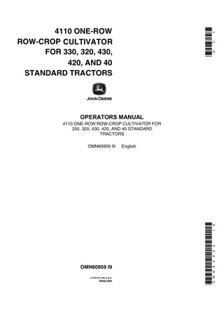 John Deere 4110 One-Row Row-Crop Cultivator for 330 320 430 420 and 40 Standard Tractors Operator’s Manual Instant Download (Publication No.OMN60959)