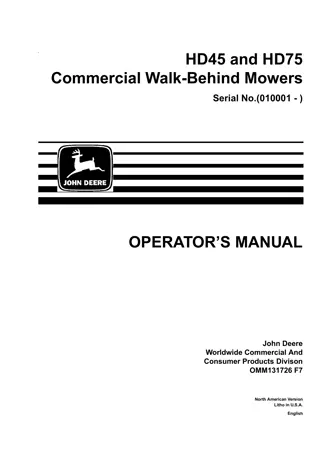 John Deere HD45 and HD75 Commercial Walk-Behind Mowers Operator’s Manual Instant Download (PIN010001-) (Publication No.OMM131726)