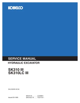 Kobelco SK310 III, SK310LC III HYDRAULIC EXCAVATOR Service Repair Manual Instant Download (Book Code No. S5LC0005E)