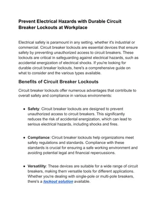 Prevent Electrical Hazards with Durable Circuit Breaker Lockouts at Workplace