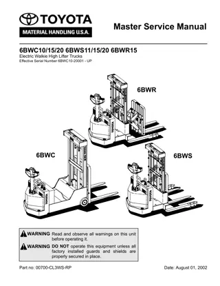 Toyota 6BWC101520 6BWS111520 6BWR15 Electric Walkie High Lifter Trucks Service Repair Manual Instant Download