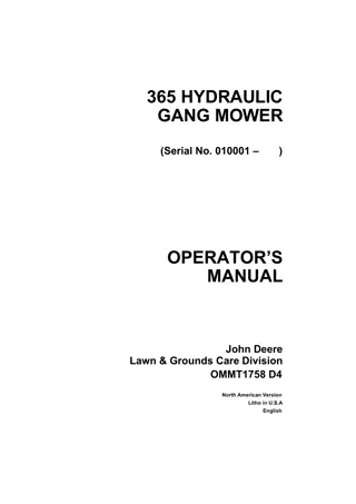 John Deere 365 Hydraulic Gang Mower Operator’s Manual Instant Download (PIN010001-) (Publication No.OMMT1758)