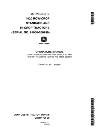 John Deere 4020 Row-Crop Standard and Hi-Crop Tractors Operator’s Manual Instant Download (Pin.91000-200999) (Publication No.OMR41754)