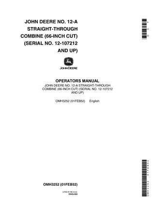 John Deere NO.12-A Straight-Through Combine (66-Inch Cut) Operator’s Manual Instant Download (Pin.12-107212 and up) (Publication No.OMH3252)