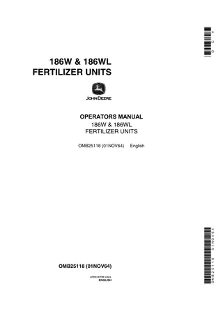 John Deere 186W & 186WL Fertilizer Units Operator’s Manual Instant Download (Publication No.OMB25118)