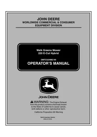 John Deere 220 E-Cut Hybrid Walk Greens Mower Operator’s Manual Instant Download (PIN010001-) (Publication No.OMTCU24982)