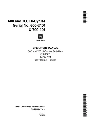 John Deere 600 and 700 Hi-Cycles (Serial No.600-2401 & 700-401) Operator’s Manual Instant Download (Publication No.OMN159072)