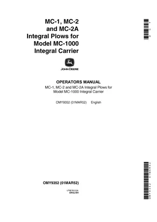 John Deere MC-1 MC-2 and MC-2A Integral Plows for Model MC-1000 Integral Carrier Operator’s Manual Instant Download (Publication No.OMY9352)