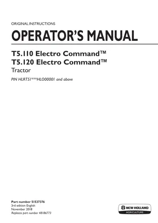 New Holland T5.110 Electro Command™T5.120 Electro Command™ Tractor (Pin.HLRT51HLO00001 and above) Operator’s Manual Instant Download (Publication No.51537376)