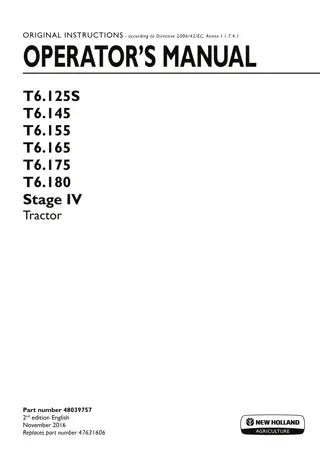 New Holland T6.125S T6.145 T6.155 T6.165 T6.175 T6.180 Stage IV Tractor Operator’s Manual Instant Download (Publication No.48039757)