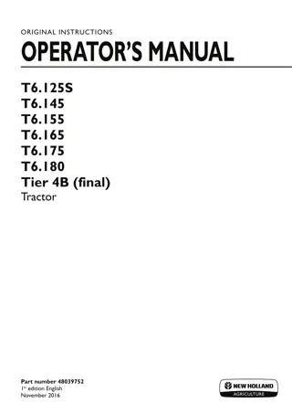 New Holland T6.125S T6.145 T6.155 T6.165 T6.175 T6.180 Tier4B (final) Tractor Operator’s Manual Instant Download (Publication No.48039752)