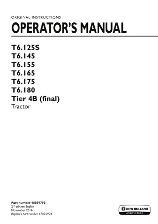 New Holland T6.125S T6.145 T6.155 T6.165 T6.175 T6.180 Tier4B (final) Tractor Operator’s Manual Instant Download (Publication No.48039792)