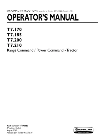 New Holland T7.170 T7.185 T7.200 T7.210 Range Command Power Command Tractor Operator’s Manual Instant Download (Publication No.47893032)