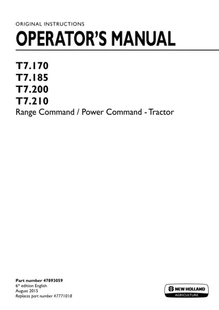 New Holland T7.170 T7.185 T7.200 T7.210 Range Command Power Command Tractor Operator’s Manual Instant Download (Publication No.47893059)