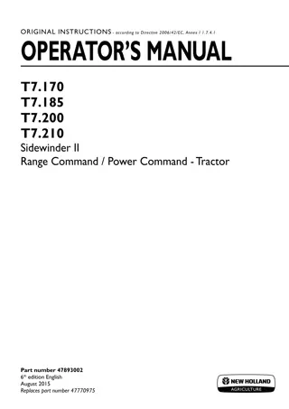 New Holland T7.170 T7.185 T7.200 T7.210 Sidewinder II Range Command Power Command Tractor Operator’s Manual Instant Download (Publication No.47893002)