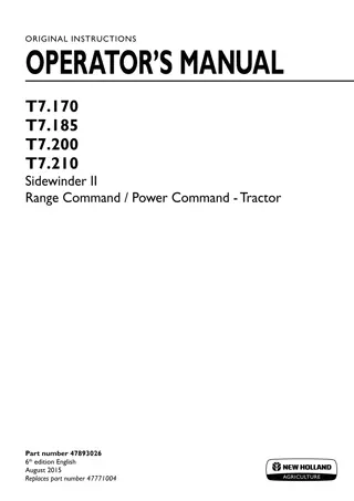 New Holland T7.170 T7.185 T7.200 T7.210 Sidewinder II Range Command Power Command Tractor Operator’s Manual Instant Download (Publication No.47893026)