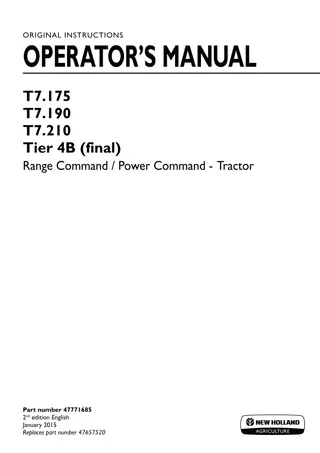 New Holland T7.175 T7.190 T7.210 Tier4B (final) Range Command Power Command Tractor Operator’s Manual Instant Download (Publication No.47771685)