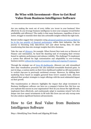 Be Wise with Investment—How to Get Real Value from Business Intelligence Software
