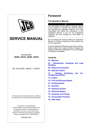 JCB JS200, JS210, JS220, JS235 EXCAVATOR Service Repair Manual Instant Download (SN 1783500 and up)