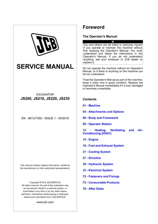 JCB JS200, JS210, JS220, JS235 T4F Excavator Service Repair Manual Instant Download (From 2424851 To 2425350)