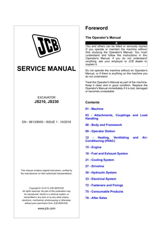 JCB JS210, JS230 Excavator Service Repair Manual Instant Download (From 2453501 To 2453750; From 2453251 To 2453500)