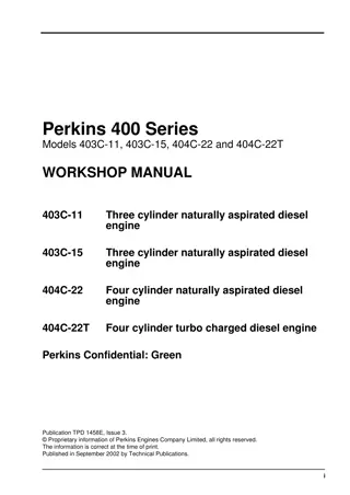 JCB Perkins 400 Series (Models 403C-11, 403C-15, 404C-22 and 404C-22T) Engine Service Repair Manual Instant Download