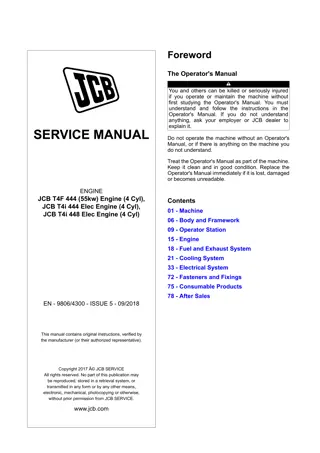 JCB T4F 444 (55KW) Engine (4 Cyl), T4i 444 Elec Engine (4 Cyl), T4i 448 Elec Engine (4 Cyl) Service Repair Manual Instant Download