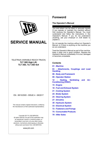 JCB TLT 30D High Lift, TLT 35D, TLT 35D 4×4 TELETRUK (VARIABLE REACH TRUCK) Service Repair Manual Instant Download (SN 2252520 and up)