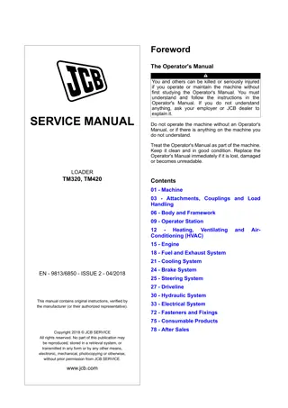 JCB TM320, TM420 Telescopic Wheel Loader Service Repair Manual Instant Download (TM320 SN from 2508700 to 2509499, 2681926 and up; TM420 SN 2454001 and up)