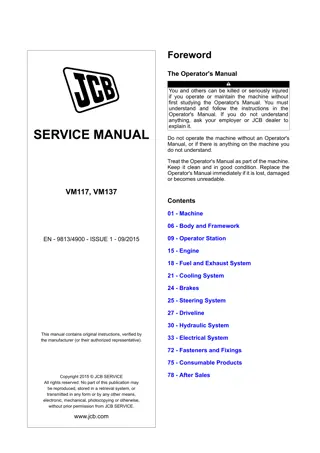 JCB VM117, VM137 Tier 2 Vibratory Roller Service Repair Manual Instant Download (From 2173051 To 2173051)