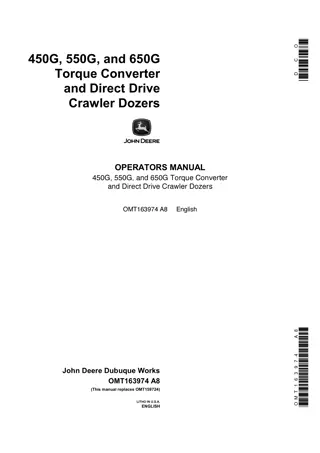 John Deere 450G 550G and 650G Torque Converter and Direct Drive Crawler Dozers Operator’s Manual Instant Download (Publication No.OMT163974)