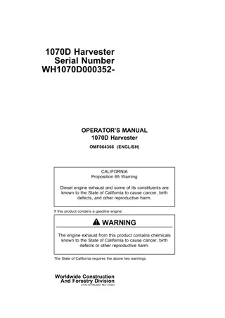 John Deere 1070D Harvester (Serial NumberWH1070D000352-) Operator’s Manual Instant Download (Publication No.OMF064366)