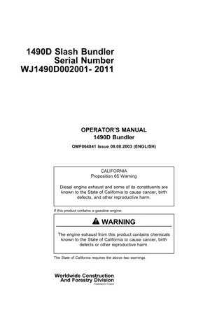 John Deere 1490D Slash Bundler (Serial NumberWJ1490D002001-2011) Operator’s Manual Instant Download (Publication No.OMF064841)