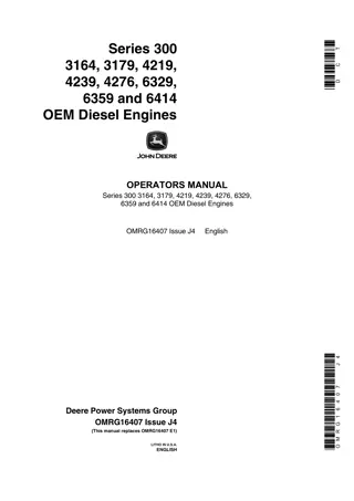 John Deere Series 300 3164 3179 4219 4239 4276 6329 6359 and 6414 OEM Diesel Engines Operator’s Manual Instant Download (Publication No.OMRG16407)