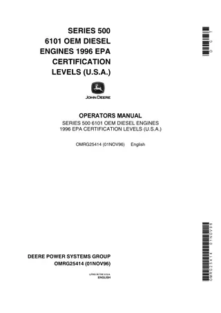 John Deere Series 500 6101 Oem Diesel Engines 1996 EPA Certification Levels (USA) Operator’s Manual Instant Download (Publication No.OMRG25414)