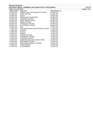 Massey Ferguson 9545  9565 AXIAL COMBINE (2017)(HHCXX101-HHCXX999) Parts Catalogue Manual Instant Download