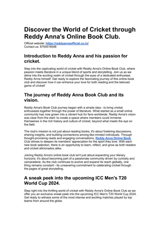 Discover the World of Cricket through Reddy Anna's Online Book Club.