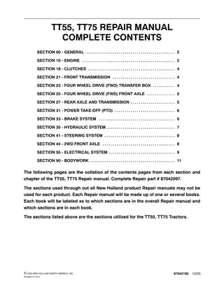 New Holland TT75 Tractor Service Repair Manual Instant Download